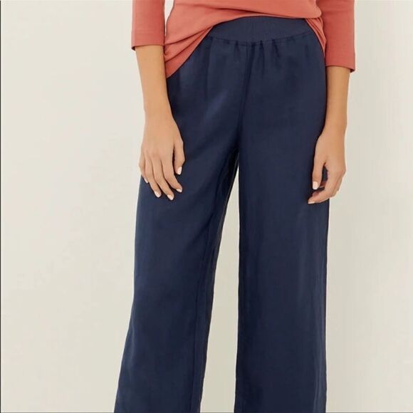 Three Dots Wide Leg High Waisted Linen Pants Navy Blue Size Small - Picture 3 of 8